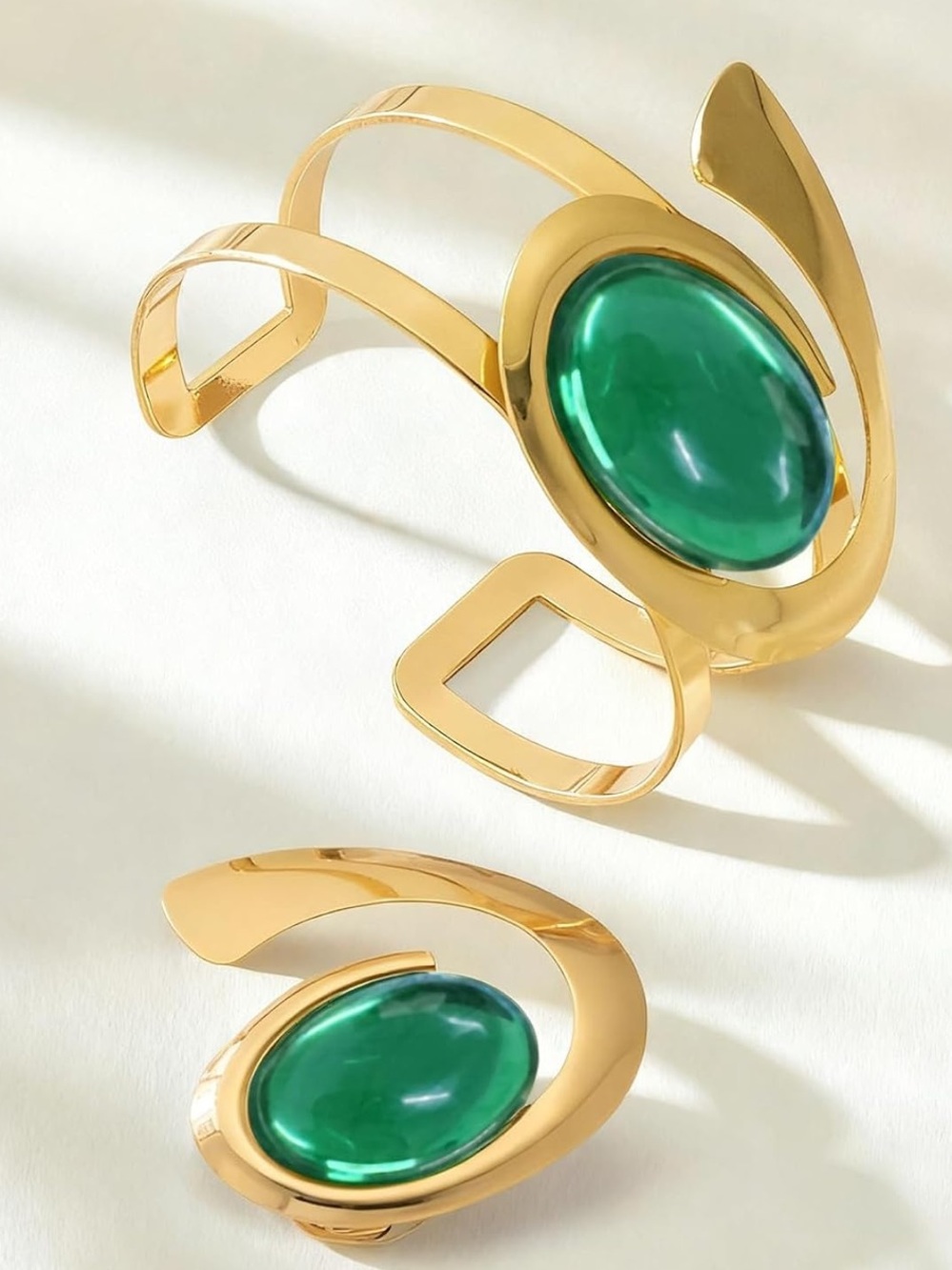 Gold-Tone Green Stone Open Cuff Bracelet and Ring Set